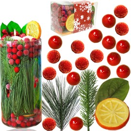 Cigoby 140 Pieces Christmas Vase Filler Floating Pearls Artificial Red Berries Balls Faux Pine Needles Stems Tree Decoration Decorative Bowl Fillers for Table Centerpieces…