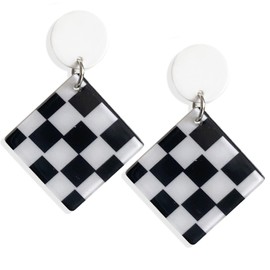 Dainty 70s 80s Vintage Lightweight Acrylic Square Grid Drop Dangle Earrings Chic Charm Resin Black White Rectangle Geometric Studs Earrings For Women Statement Checkered Squares Racing Race Jewelry
