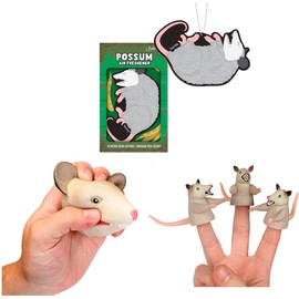 Archie McPhee - Perplexing Possum Perfection Pack - Air Freshener, 3 Finger Puppets and Stress Ball - Set of 5, 2 inches