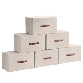 Ornavo Home 6 Pack Collapsible Storage Bins with Lid, Foldable Linen Fabric Shelf Storage Basket Closet Organizer and Large Storage Box for Clothes with Leather Handles, 16.5 x 11.8 x 7.5, Beige