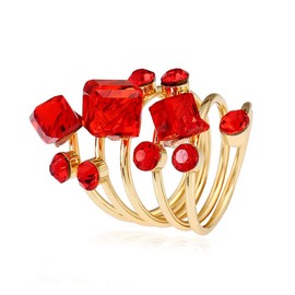 Layered Rhinestone Statement Ring for Women Girls Gold Plated Fashion Round Cube Crystal Adjustable Wide Wrap Finger Spring Rings Shiny Act Deco Xmas Wedding Party Jewelry Gift Size 7-8 (Red CZ)