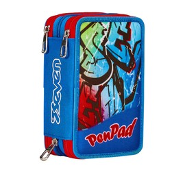 Seven Pencil Case, Pencil Case with 45 Pieces Pencils, Felt Tip Pens, Glue, Scissors, Stationery for Primary School, Painting and Writing, 3 Compartments, for Kids Boys Girls, School Gift, blue / red