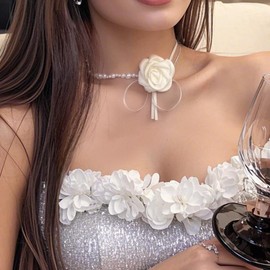 White Camellia Choker Elegant Pearl Beaded Charm Necklace French Bow Neck Chain Adjustable Flower Choker Jewelry for Women Bridal Wedding Beach Vacation Photography Props