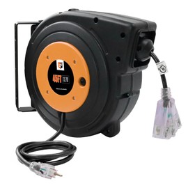 EP Retractable Extension Cord Reel, 45 Ft Heavy Duty Power Cord, 12 AWG/3C SJTOW, 15 AMP Circuit Breaker, Lighted Triple Tap, Ceiling or Wall Mount, UL Listed