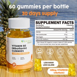 ZA'ZA K ORGANICS Vitamin B2 Gummies - Riboflavin Supplements 400 mg for Kids & Adults, Vegan Essential Vitamin, Energy Support & Nerve Health, 60 Gummies