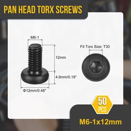DTGN M6x12mm Pan Head Torx Security Screw - 50Pack - Good for Machinery - Carbon Steel Button Head Torx Bolt Star Drive Security Fasteners - Black