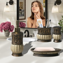 Pumkins Bathroom Accessories Set，Retro Style Including 1 Cups, 1 Toothbrush Holders, 1 Soap Dishes and 1 Soap Dispenser, Home and Countertop Decoration, Vanity Organize, New Home Gift