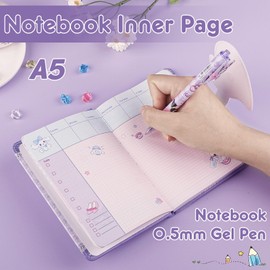 yumcute Notebook with Pen Set, Cartoon Diary for Children, Teenagers, Girls, Purple Notebook Gifts for Children, Girls, Students, Diary Girls School Supplies