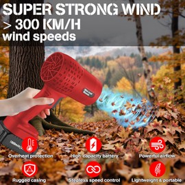 Leaf Blower with 21V*2 Pcs Batteries, 650000RPM Powerful Fan, High Speed 200 MPH, Handheld Air Blower, Perfect for Car Drying, Patio Cleaning, Lawn Caring, Leaves Blowing (Red)
