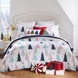 Levtex Home - White Pine Duvet Cover Set - Twin Duvet Cover (68 x 88in.) + One Standard Pillow Case (20 x 26in.) - Christmas Tree - Blue, Red, Green, White - Cotton