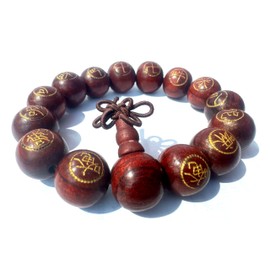 Purple Whale Unisex Tibetan Buddhist Wood Prayer Beads Bracelet, Chinese Calligraphy Words Engraved Feng Shui Bracelet, Elasticated Wrist Accessory, Brown, 7.5 Inches