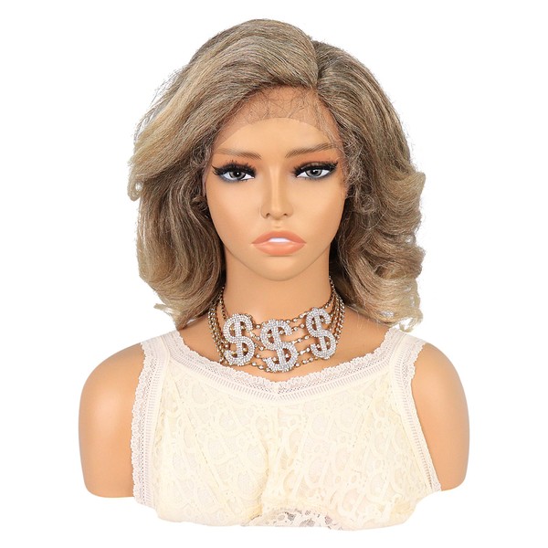 VOCOSTE Lace Front Wig Heat Resistant Medium Long Natural Curly Wigs Women Daily Wigs (14" Length Blonde Brown)
