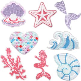 8 Pieces Little Mermaid Cartoon Shell Pearl Mermaid Tail Iron on Patches Embroidered Applique for DIY Accessories for Kids Girls Clothes Backpack Hat