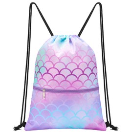 Mermaid Drawstring Backpack - Drawstring Bags for Girls Kids Swim Bag for Beach Swim Swimming Pool School Draw String Bags with Zippered Pocket Waterproof Sports Gym Bag