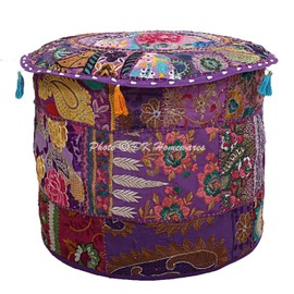 DK Homewares Ethnic Round Puff Cover Purple Patchwork Embroidered Cotton Furniture Stool Puff Decorative Ottoman Footrest Seating Furniture | (18 x 18 x 13 Inches / 45 cm) Cover Only