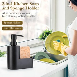Shinowa Dish Soap Dispenser with Sponge Holder, Refillable Kitchen Dish Soap Dispenser Pump, 2-in-1 Countertop Soap Pump Dispenser for Kitchen Sink and Bathroom, Gravel Black