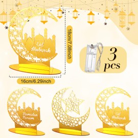 3 Set Ramadan Decoration for Home Islamic Eid Mubarak Led Acrylic Table Centerpiece Hollow Moon Star Ornament Gifts for Muslim Ramadan Party Tabletop Decor