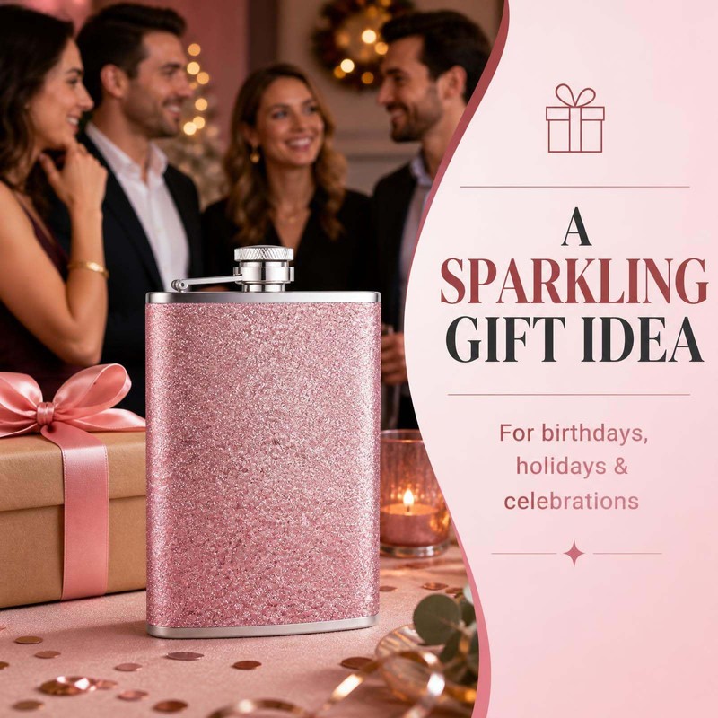 8 Oz Hip Flasks for Women Men, Pink Sparkling Portable