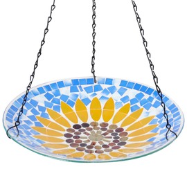 MUMTOP Mosaic Hanging Bird Bath-Bird Baths for Outdoors - 12 Inch Glass Birdbath Bird Water Bowl Bird Feeders for Outside, Garden, Lawn Yard Decor（Sunflower）