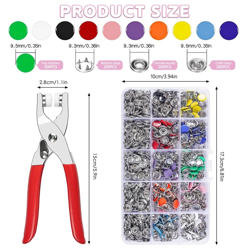 Snap Button Fastener Kit, 200 Sets Metal Poppers Fasteners with