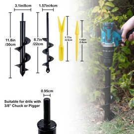 CHANGEMOORE 8x30cm&4x22cm Auger Post Hole Diggers with 2 Sets of Seedling Tool and 100Pcs Planting Labels, Heavy Duty Fence Post Digger Tool, Earth Auger Drill Bit Set for Planting Bulbs Seedlings