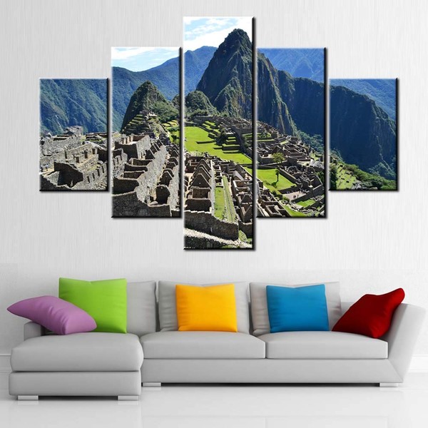 Machu Picchu Pictures Maya and Aztec Paintings for Living Room Giclee Multi Panels Prints Wall Art on Canvas Landscape Artwork Home Modern Decor Framed Gallery-Wrapped Ready to Hang(60''W x 40''H)