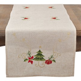 SARO LIFESTYLE Arbre de Noël Collection Embroidered Christmas Tree Design Linen Blend Table Runner, 16" x 54", Natural