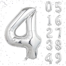 32 In Silver Large Numbers Balloons 0-9, Self Inflating Number 4 Balloons for Boys Girls, Big Silver Digit 4 Balloons for Women Men Birthday Party Anniversary Wedding Supplies Decorations