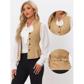 Allegra K Women's Costume Bodice Dirndl Suit Vest Sleeveless Scoop Neck Single Breasted Steampunk Jacquard Vest, khaki