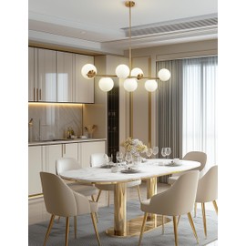 DORESshop 7-Light Modern Brass Linear Chandelier, Adjustable Mid Century Globe Chandelier, Gold Chandelier with Milk White Glass for Living Room, Kitchen Island, Dining Room Light Fixture