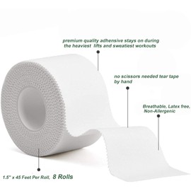 White Athletic Sports Tape Strong Easy Tear NO Sticky Residue BEST TAPE for Athlete & Medical Trainers. PERFECT on bat, Lacrosse/Hockey stick, Lifters, Climbers & Boxing 1.5" x 32.8 Feet, 8 Packs