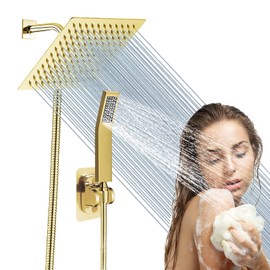 High Pressure Square Rain Gold Shower Head and Handle Shower Set.Equipped with 78" Stainless Steel Shower Hose, 3 Way Diverter Valve, Adhesive Shower Head Holder (Rainfall Shower Head Set AWAXFOLO)