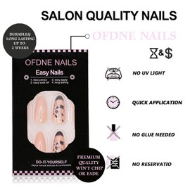 Nude Press on Nails Medium Almond OFDNE Black French Tip Fake Nails False Nails with Floral Designs Full Cover Glossy Glue on Nails Stick on Nails Acrylic Nails for Women Girls 24 Pcs