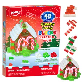 Amos 4D Christmas Candy Gummy Blocks, Edible Blocks Christmas House with Candy Canes, Fruit Snacks Gluten Free, Xmas-themed Stocking Stuffer, 10.58oz Pack (Random Packing)