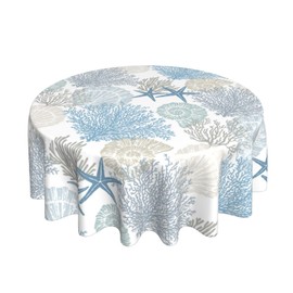 Nautical Coastal Tablecloth Round 60 Inch Summer Beach Starfish Coral Seashell Print Decorative Table Cloth Table Cover with Waterproof Wrinkle Resistant Fabric for Home Kitchen Dining Patio