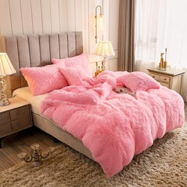 Uhamho Faux Fur Velvet Fluffy Bedding Duvet Cover Set Down Comforter Quilt Cover with Pillow Shams, Ultra Soft Warm and Durable (King, Pink)