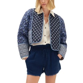 Arssm Women Floral Quilted Puffer Jacket Cropped Lightweight Patchwork Vintage Padded Short Coat Outerwear(Black-L)