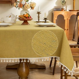 AmHoo Linen Blend Tablecloth Table Cloth 280 GSM Stitching Tassel Rectangle Decorative Natural Table Cover for Kitchen Dinning Wedding Buffet 55×120 inch Primrose Yellow