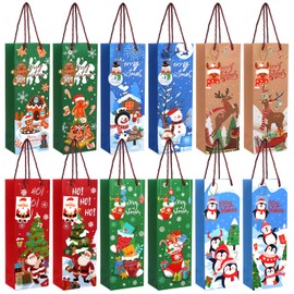 Liobelon 12 Pieces Christmas Wine Gift Bags with Tags, Xmas Wine Bottle Gift Bags Colorful Wine Bag Paper Champagne Gift Bag for Christmas Holiday Home Party Favor Decoration, 6 Designs