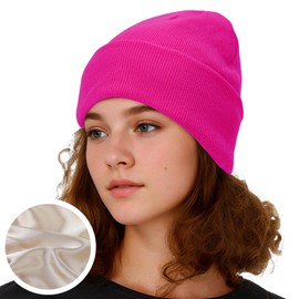 Durio Satin Lined Beanie for Women Soft Knit Silk Lined Beanie Hat for Women Men Warm Winter hat Hot Pink One Size