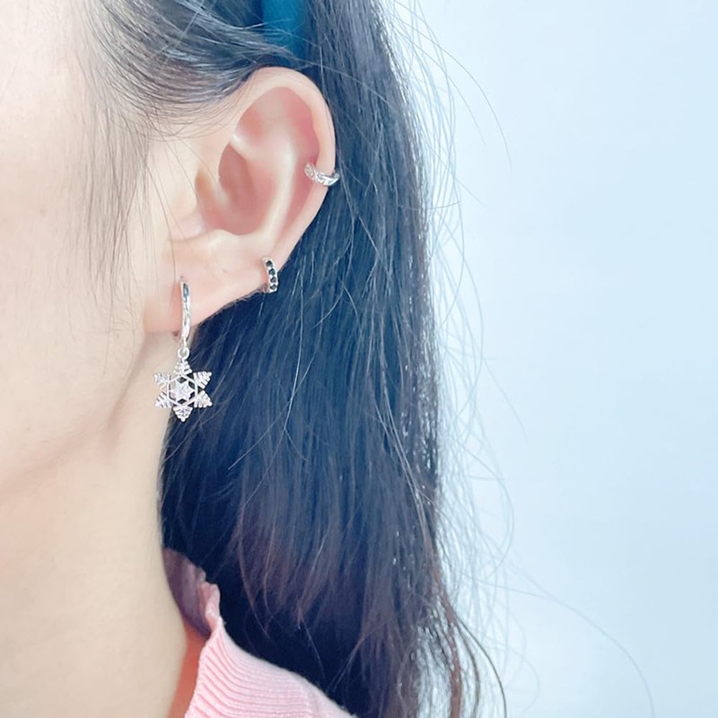 CZ Snowflake Star Christmas Dangle Drop Small Hoop Earrings for