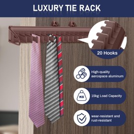 Sliding Tie Racks for Closet, 20 Tie Hanger for Men Pull Out Belt Hanger for Closet Storage Organizer with Slider, Side Mount Closet Holder Rail with 20 Hooks for Scarves Ties Belts(Brown)