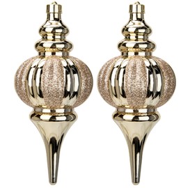 Hollyone 26x11cm Large Christmas Finial Bauble, 2PCS Champagne Gold Xmas Ball for Christmas Tree Decorations, Glittery Stripe Baubles Giant Hanging Ornaments for Tree Decor, Wedding, Party, Wreath