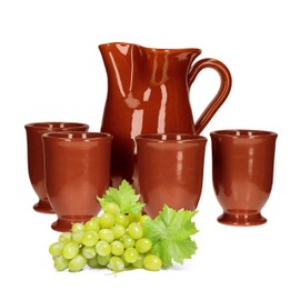 Set of 5 Clay Jugs 1L + 4 Clay Cups 175 ml Clay Crockery Robust Brown Glazed Serving Jug Drinking Cups Mediterranean Kitchen Wine Festival Medieval Market