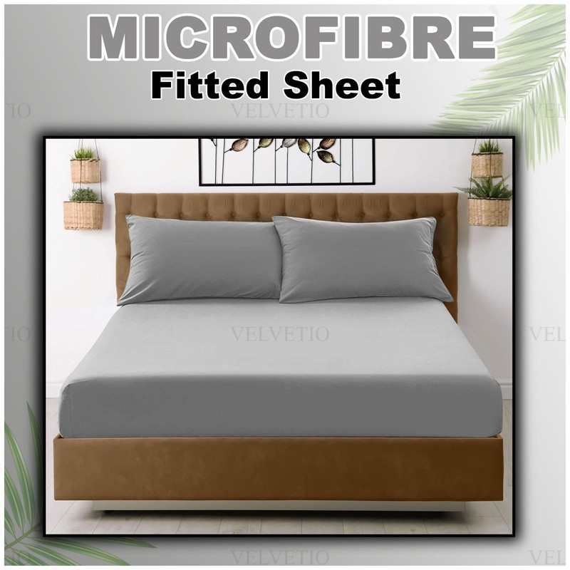 VELVETIO Easy Care Plain Grey Fitted Sheet, Soft Breathable 100%