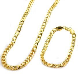 ZoneYan Gold Chain Men's Cuban Link Chain Gold, Cuban Link Chain Men, Men's Curb Chain Gold, Cuban Chain Set, Hip Hop Chain Men's Gold, Necklace Boys (Necklace + Bracelet), Stainless Steel, No
