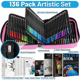 136 PCS Colored Pencils Set for Adult Coloring Books, 120 Colored Pencils with Sketchbook, Coloring Book, Sharpener, Soft Core Oil-Based Coloring Pencils for Artists Drawing Sketching Blending Shading