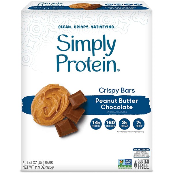 SimplyProtein Crispy Bars. Clean and Light Crispy Bars with Plant Based Protein (Peanut Butter Chocolate, 8 Pack).