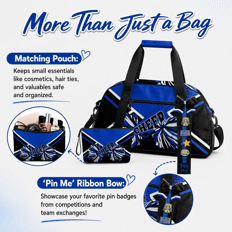 Cheer Duffel Bag Set with Makeup Bag & Bow Keychain,