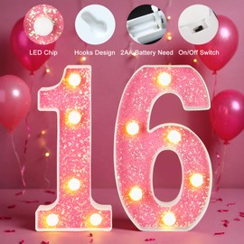 16th Birthday Decorations LED Light Up Numbers, Pink Marquee Lights Number 16 Sign for Girls Birthday Party Anniversary Home Decor